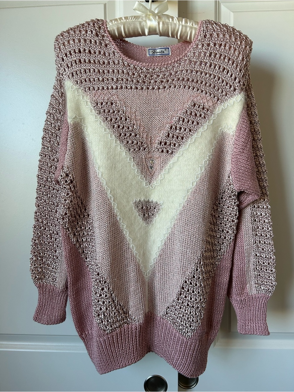 Vintage Gorgeous Karrita Pink and Cream Chevron Heart Crewneck Sweater